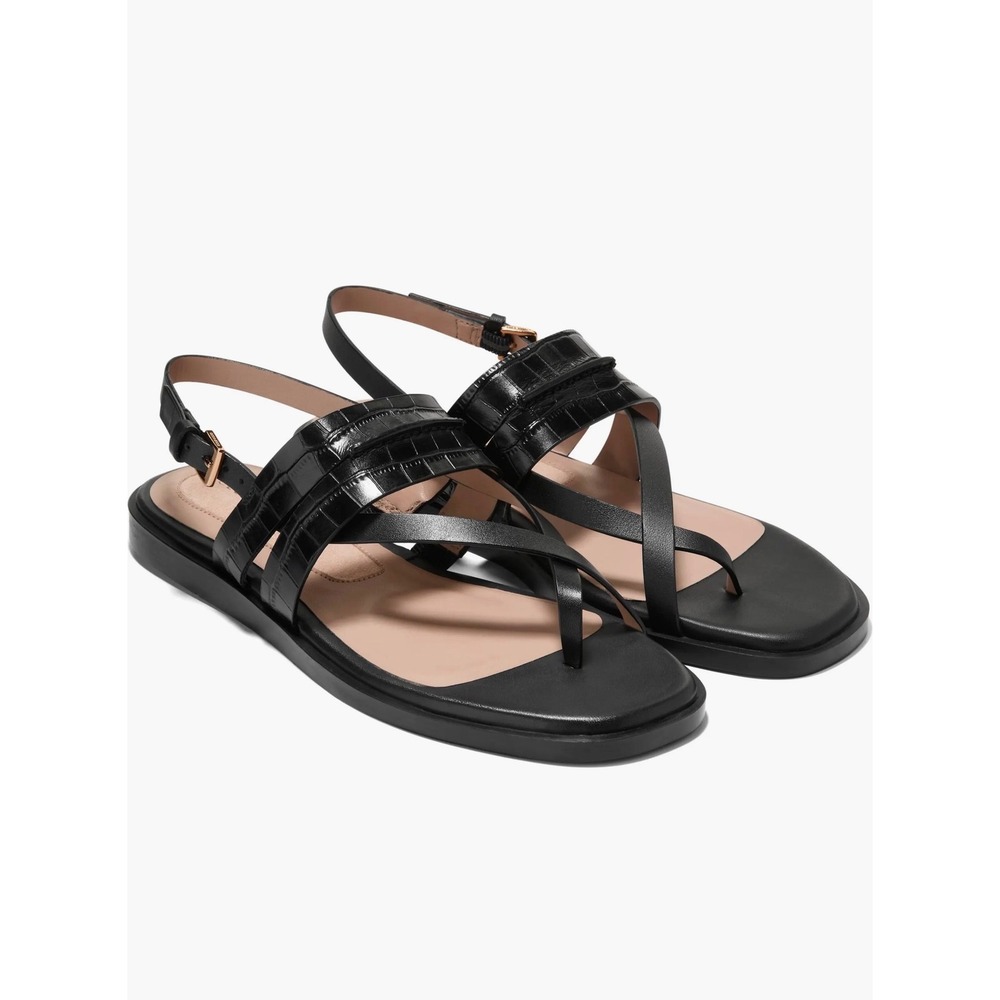 Cole Haan Estella Black Croc Embossed Leather Slingback Toe Loop Sandals Sz 9.5